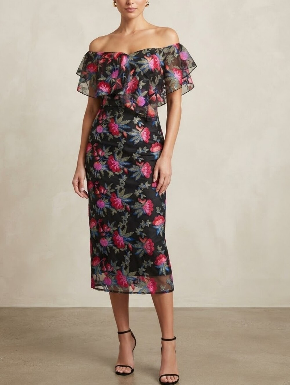 Sam Edelman Black Floral Embroidered Off Shoulder Sheath Dress Size 2